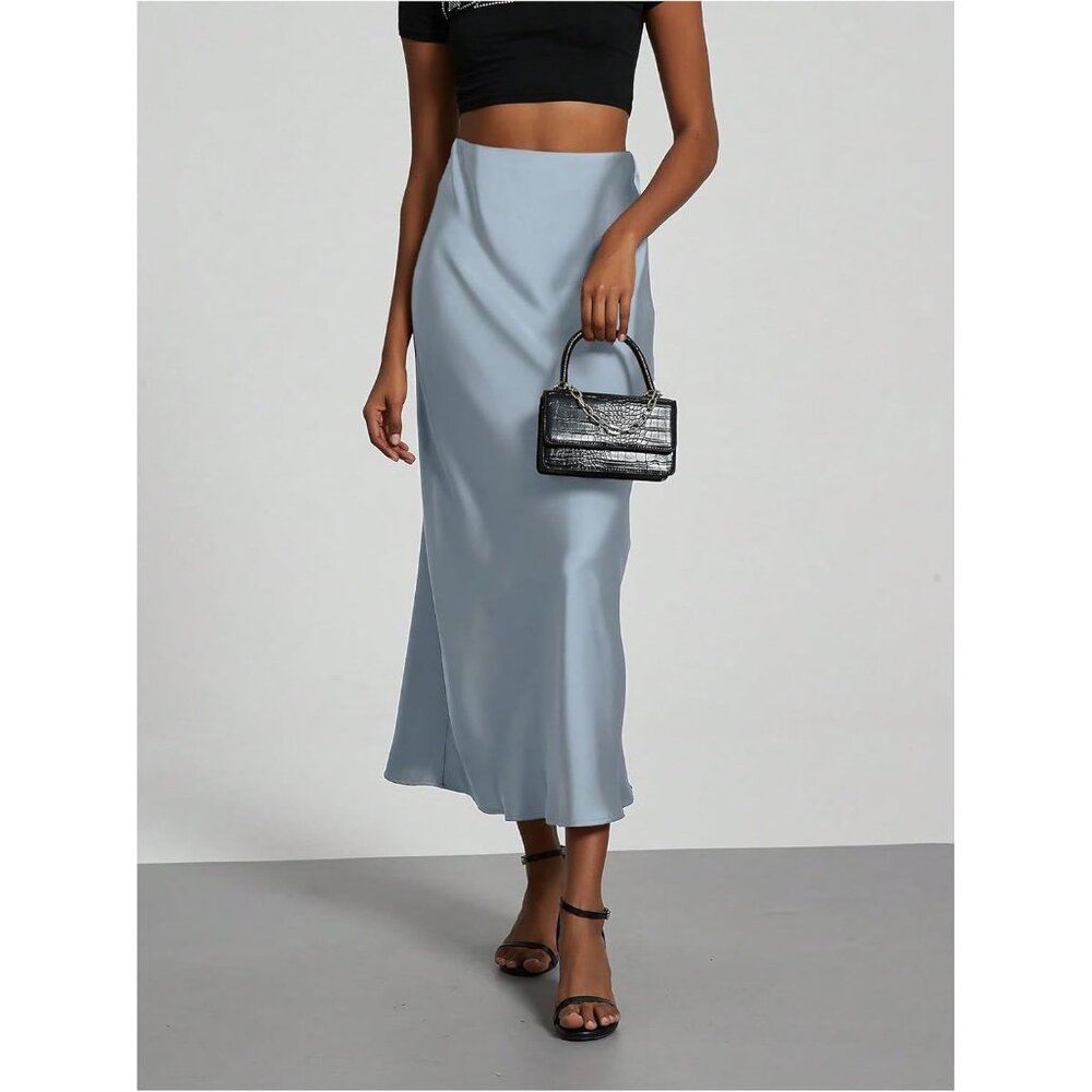 Women's Dusty Blue 100% Polyester Satin A Line Long Elegant Office Maxi Skirts - Picture 5 of 5